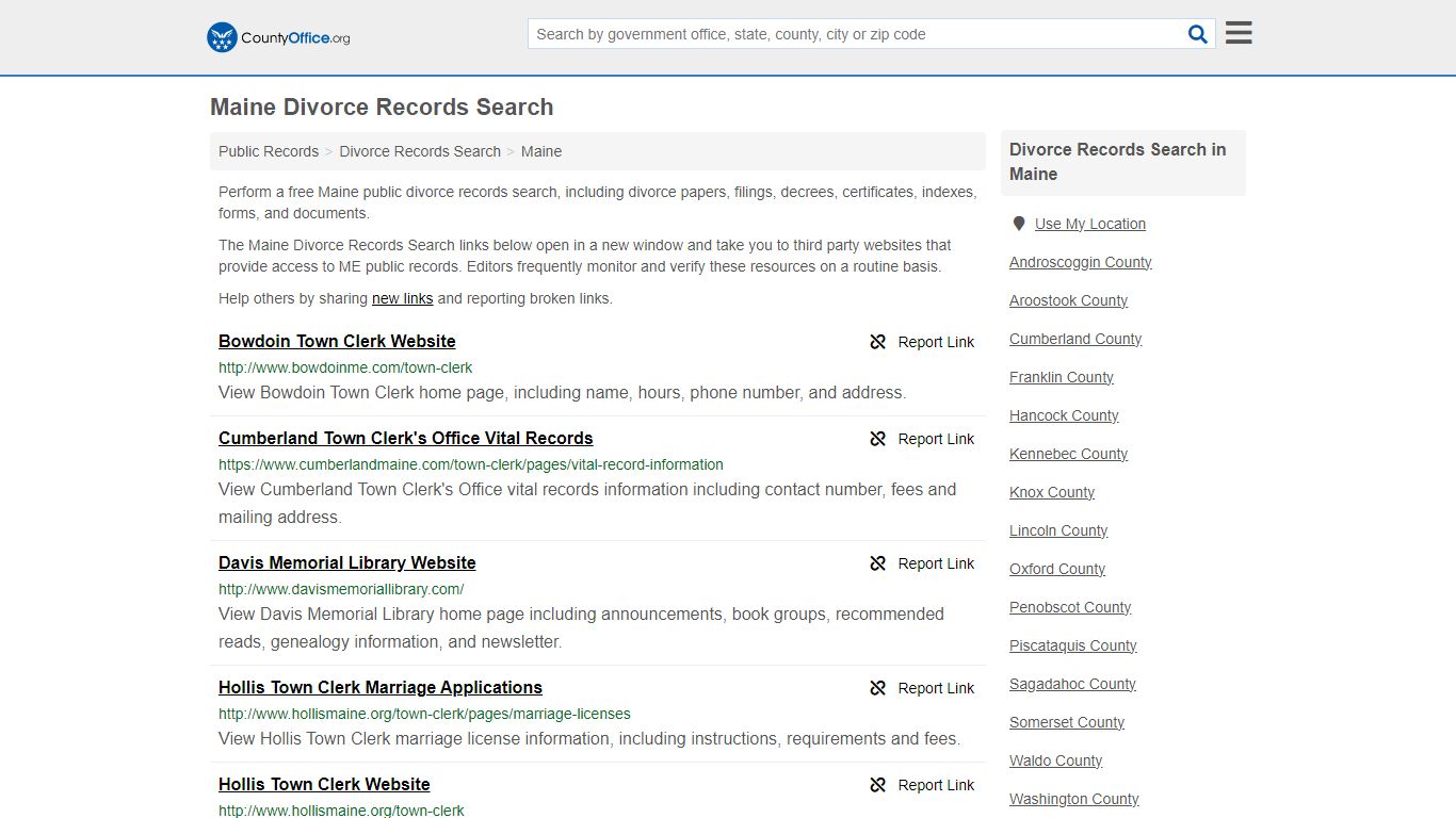 Maine Divorce Records Search - County Office